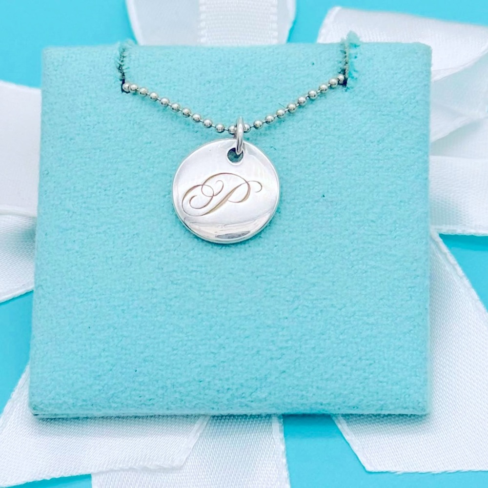 Tiffany & Co.  SS Small Alphabet Notes Script Letter P Disc Necklace 16” VGUC